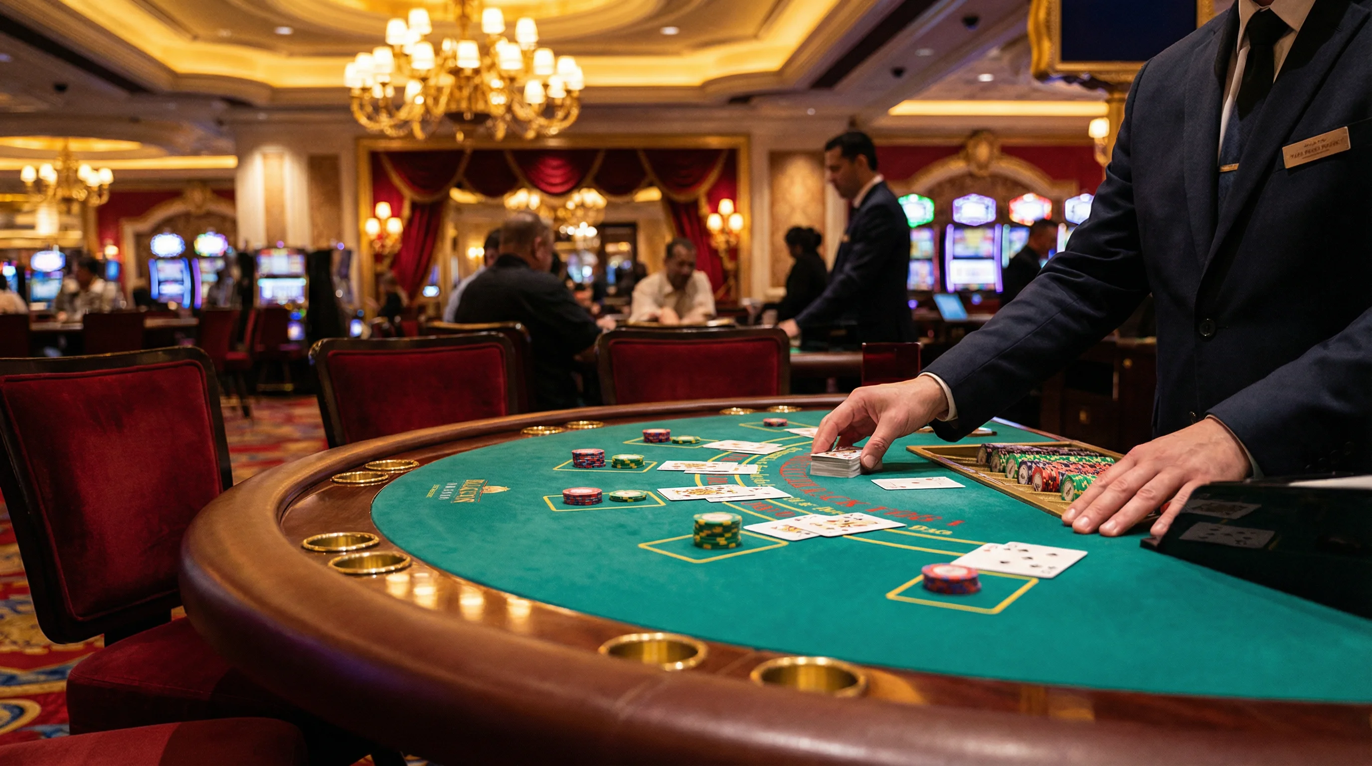 Mesa de blackjack premium en casino de Las Vegas con cartas y fichas