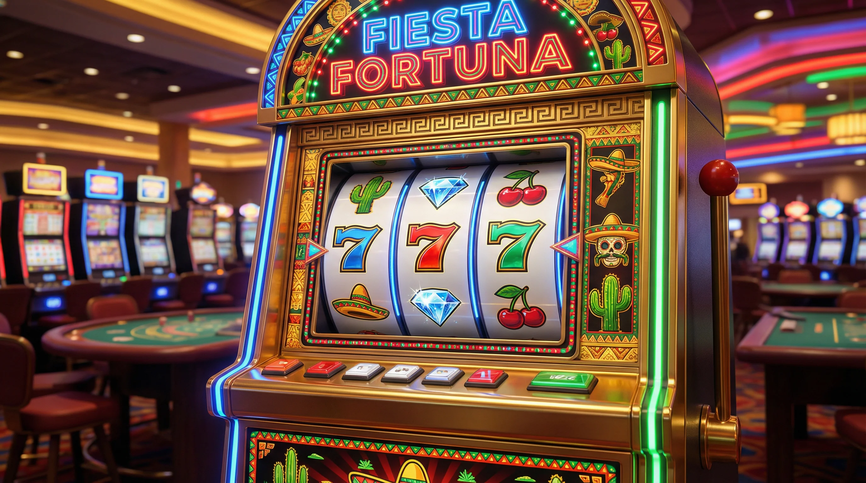 Máquina tragamonedas de Las Vegas con símbolos de la suerte y luces LED brillantes